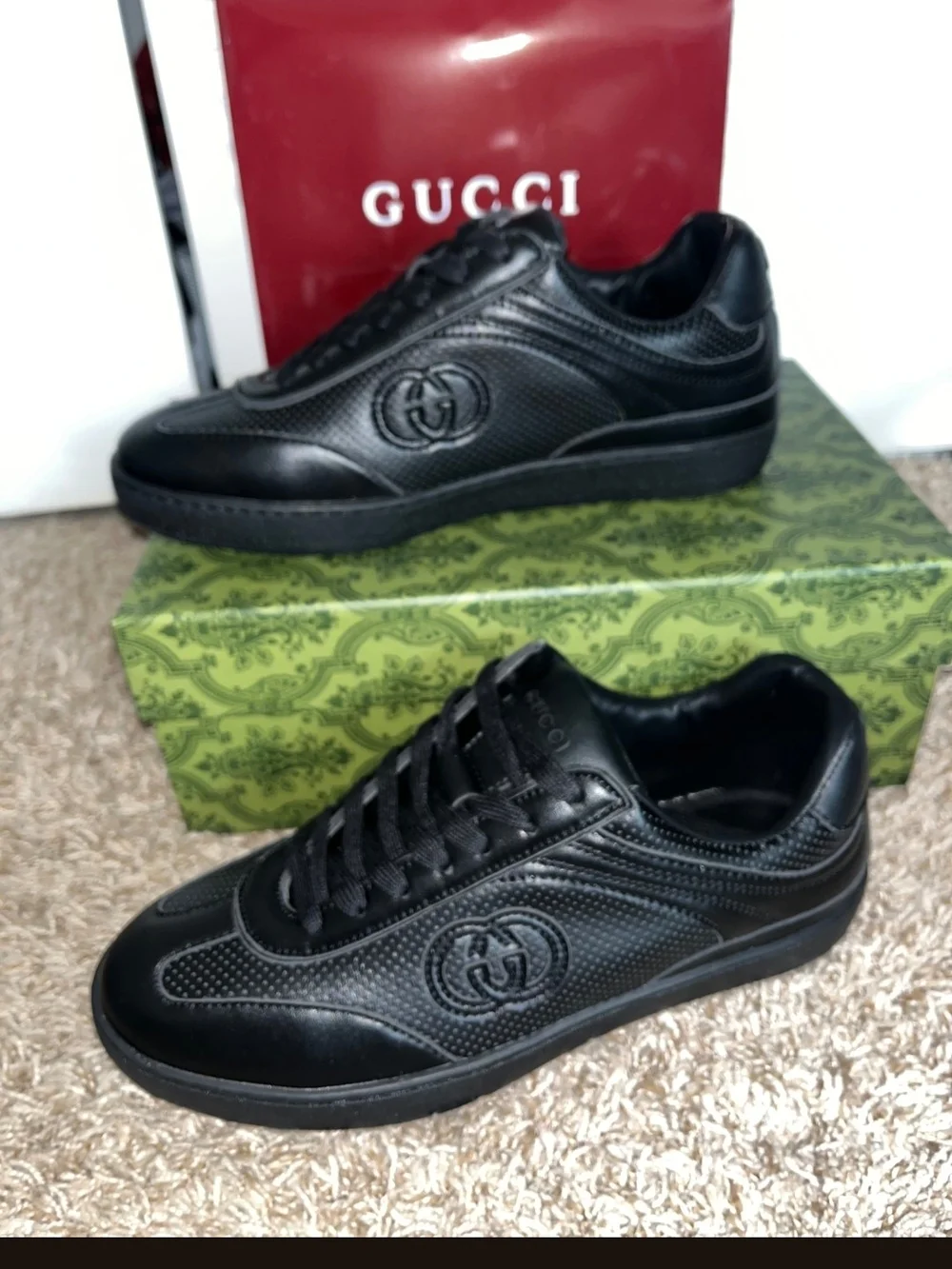 Gucci Men’s Black Leather Perforated Lace-Up Sneakers - Picture 3 of 6
